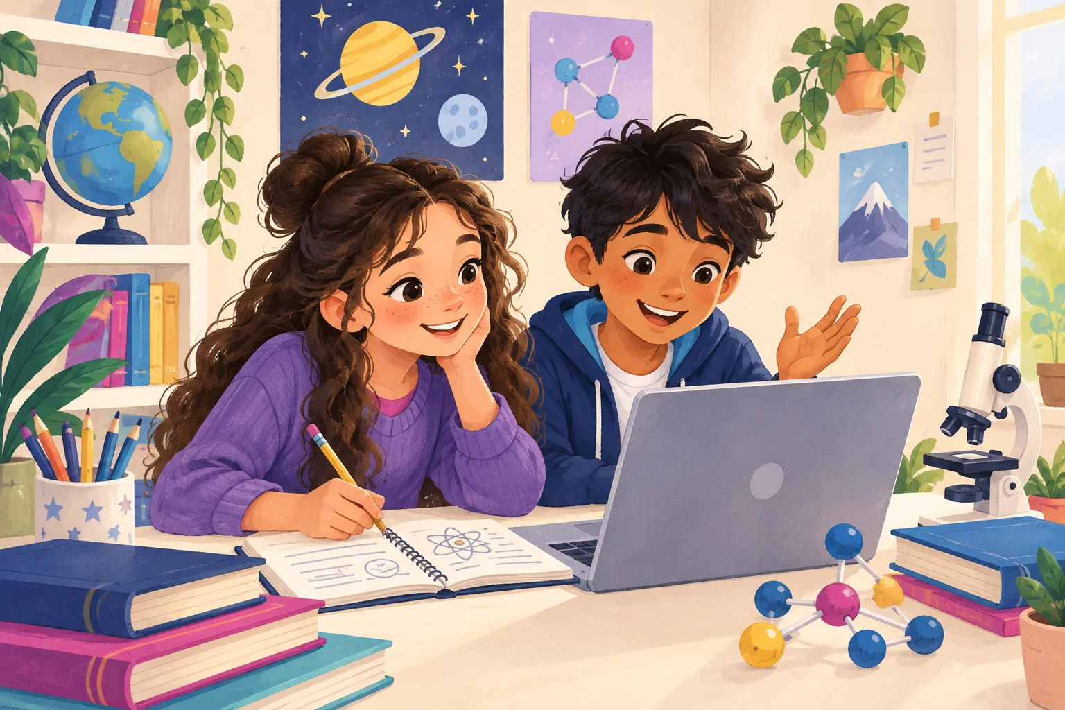 Illustration of students exploring science with books and a laptop
