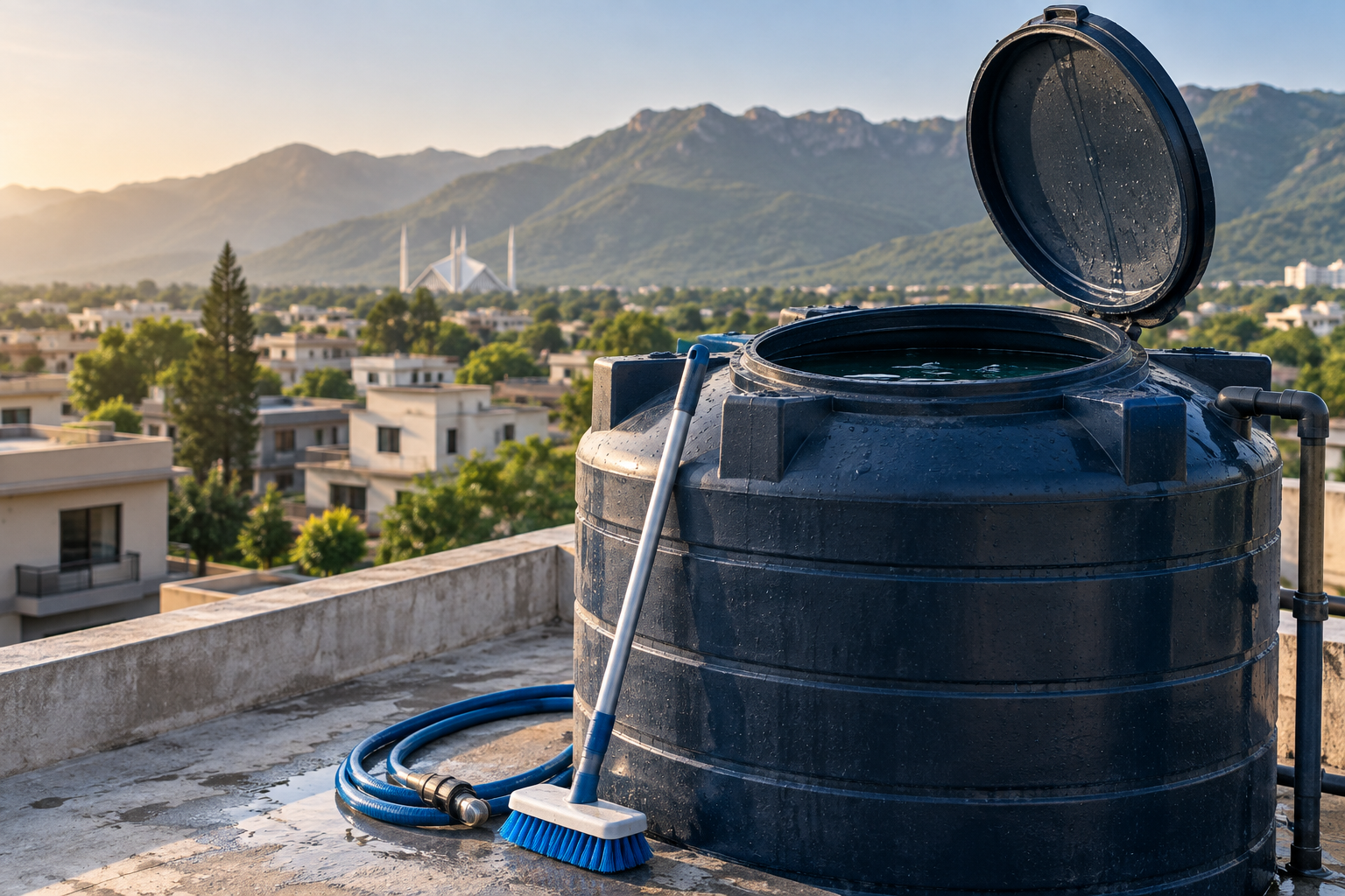 Rooftop water tank ready for cleaning
